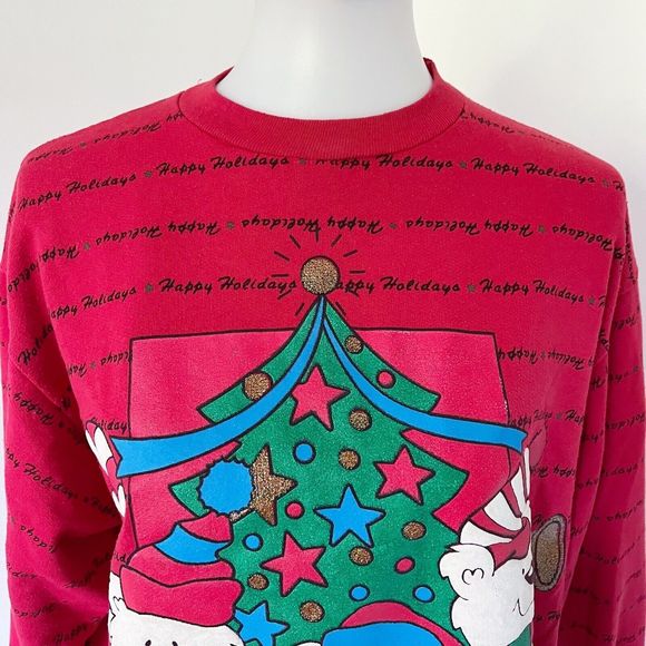 Vintage 90s Holiday Time Red Ugly Puff Paint Pullover Popover Sweatshirt Sweater - Picture 2 of 16